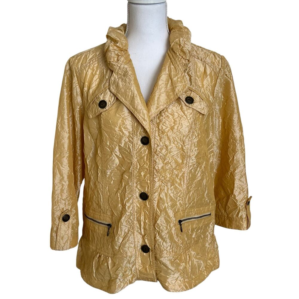 Chico's Jacket Women's Size 2 Large 12/14 Gold Crinkle Gold Hardware Zippers